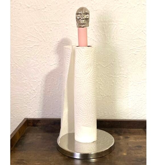 New! Hand-Painted Pink And Silver Skull Paper Towel Holder - Halloween Home - Picture 3 of 8